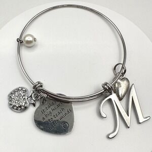 Vintage 90s Silver Tone Teacher Bangle Bracelet with Apple Heart Charm Y2K